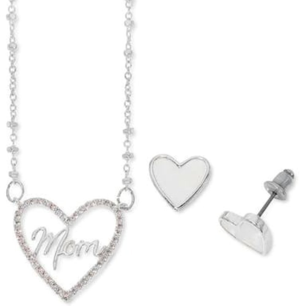 MACYS Cubic Zirconia Mom Heart Pendant Necklace and Mother-of-Pearl Earrings
